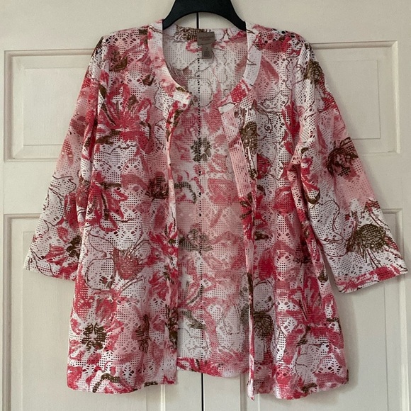 Chico’s Size 2 Mesh Cardigan Floral‎ Print Tunic Colorful Chicos Size Large 3/4 - Picture 3 of 9